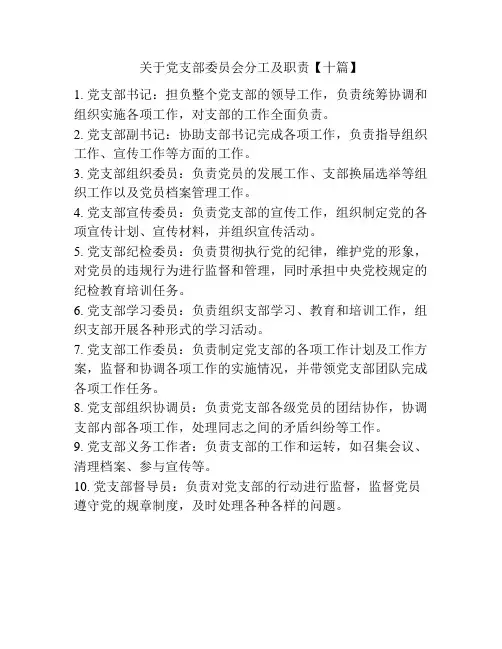 关于党支部委员会分工及职责【十篇】