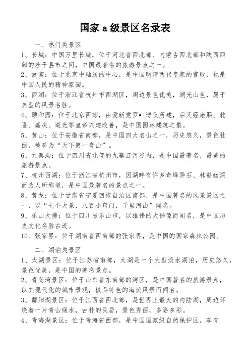 国家a级景区名录表