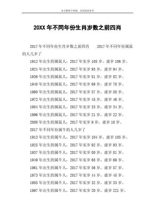 20XX年不同年份生肖岁数之前四肖