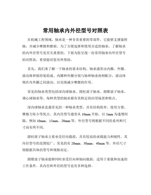 常用轴承内外径型号对照表