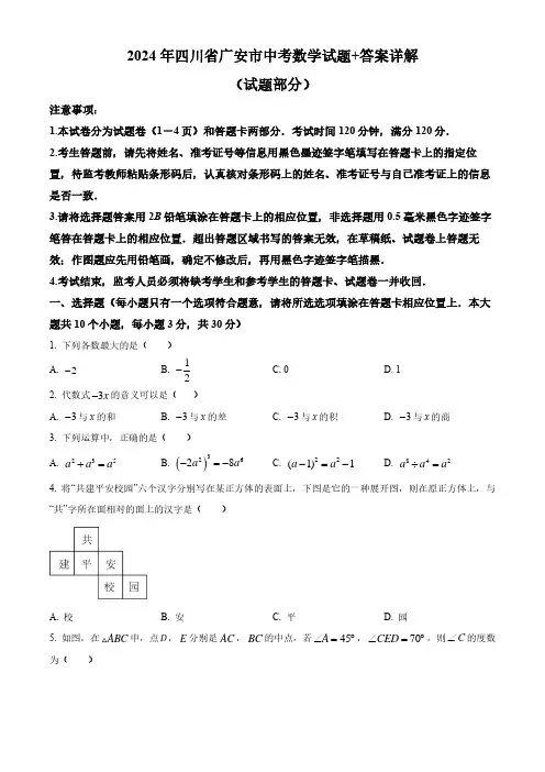 2024年四川省广安市中考数学试题+答案详解