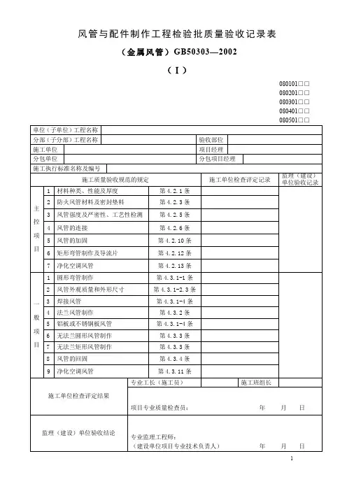 风管与配件制作工程检验批质量验收记录表