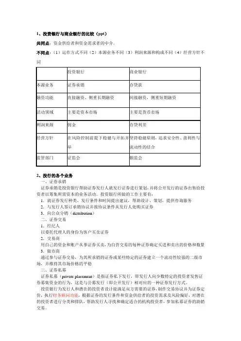 投资银行学期末部分重点归纳