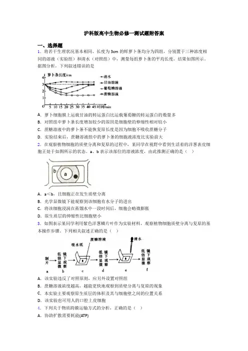 沪科版高中生物必修一测试题附答案
