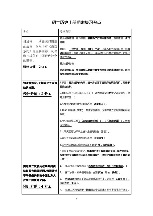 统编部编版历史八年级上册历史期末复习考点