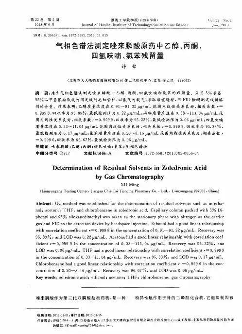 气相色谱法测定唑来膦酸原药中乙醇、丙酮、四氢呋喃、氯苯残留量