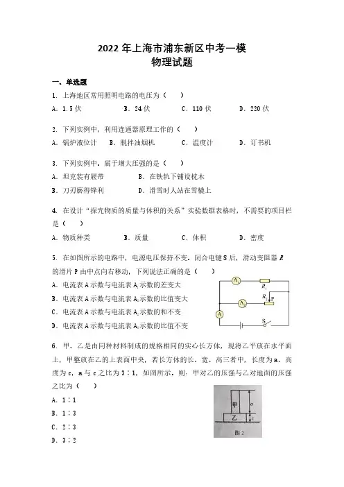 【2022年上海市初中一模物理卷】2022年上海市浦东新区初中毕业生学业模拟考试试卷九年级物理及答案