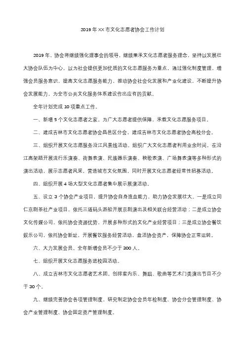 2019年XX市文化志愿者协会工作计划