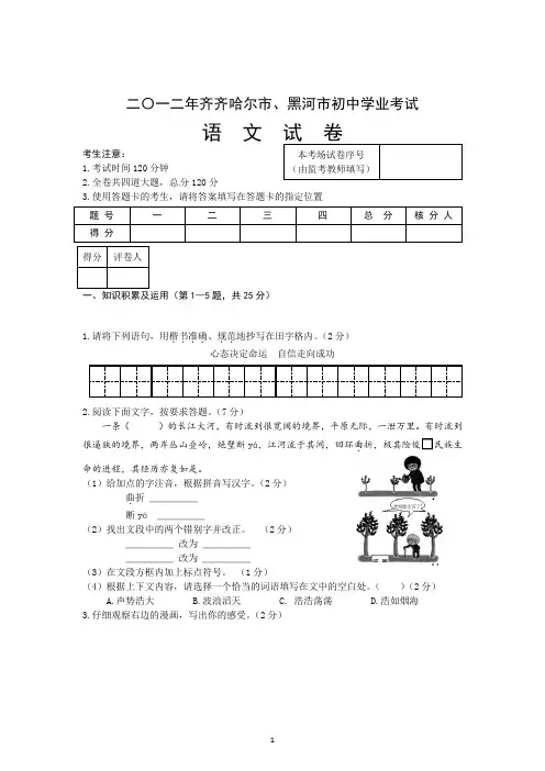 2012年黑龙江省齐齐哈尔中考语文试题(含答案)