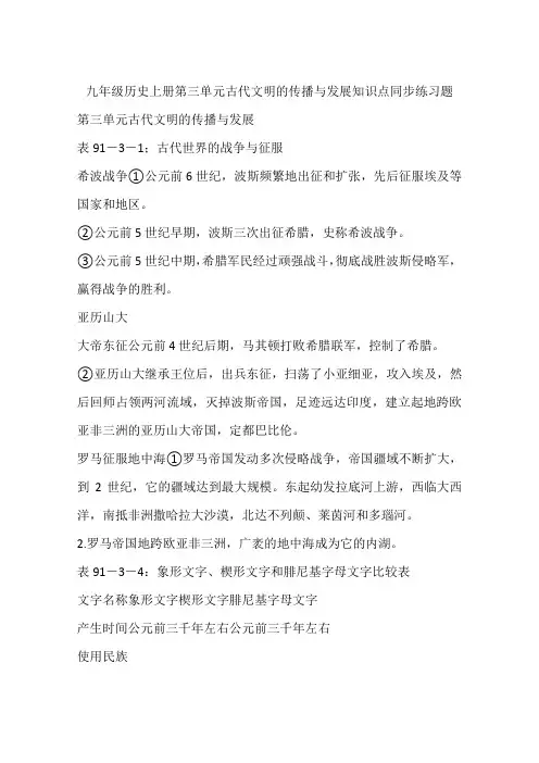 九年级历史上册第三单元古代文明的传播与发展知识点同步练习题