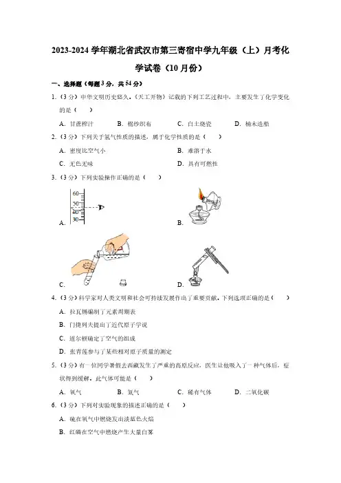 2023-2024学年湖北省武汉市第三寄宿中学九年级(上)(10月份)月考化学试卷(含解析)