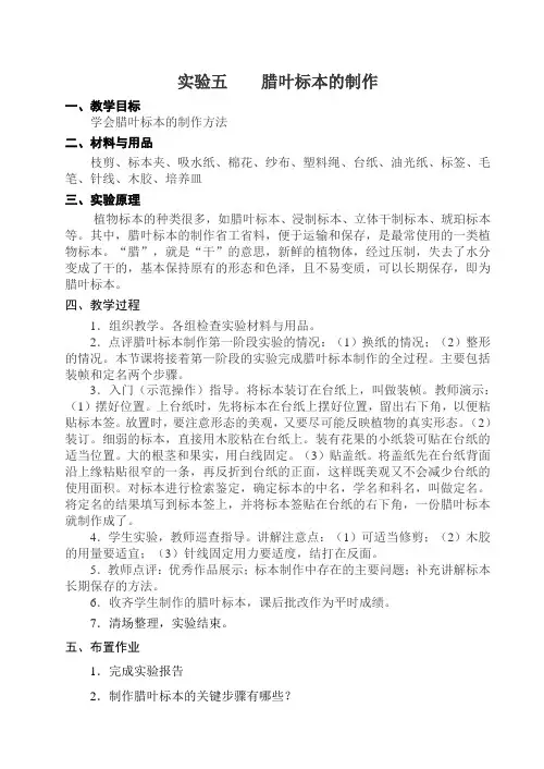 《实验五  腊叶标本的制作》教案