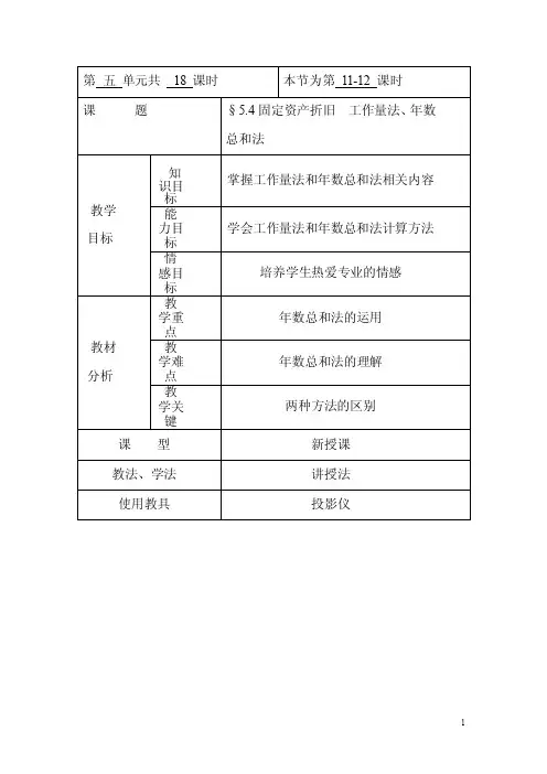 2016企业财务会计（高教版）教案：5.4固定资产折旧工作量法、年数总和法
