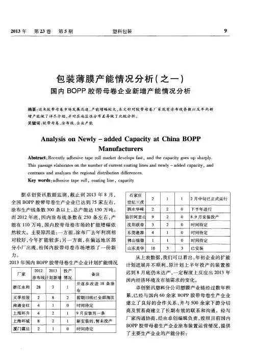 包装薄膜产能情况分析(之一)国内BOPP胶带母卷企业新增产能情况分析