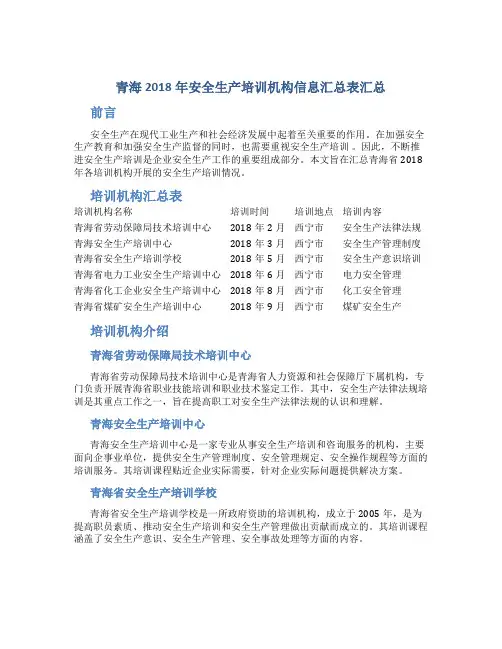 青海2018年安全生产培训机构信息汇总表汇总