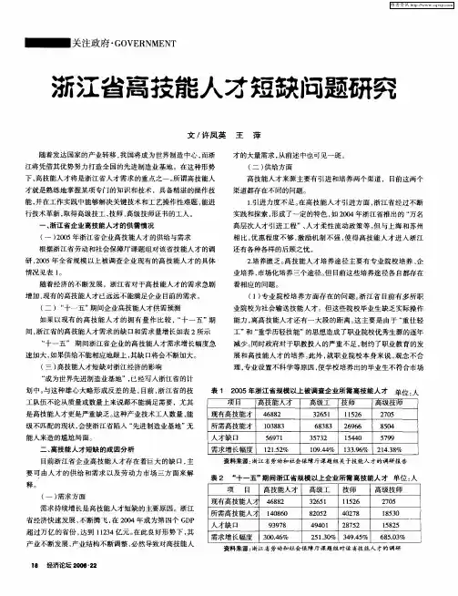 浙江省高技能人才短缺问题研究