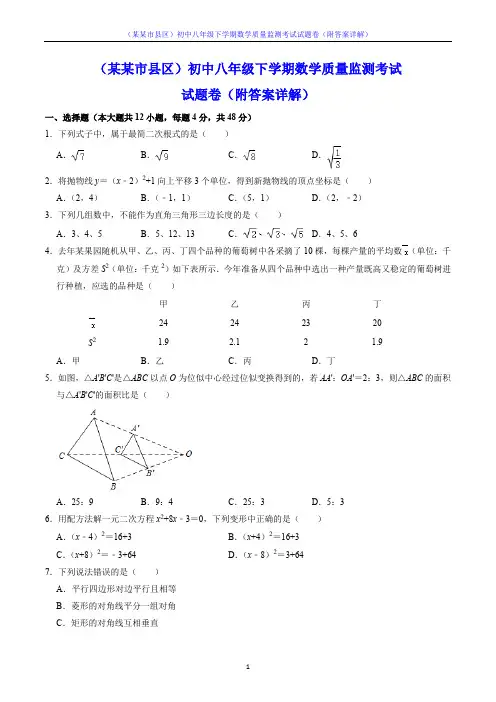 (某某市县区)初中八年级下学期数学质量监测考试试题卷(附答案详解)