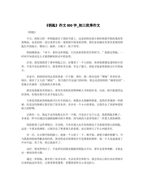 《钥匙》作文800字_初三优秀作文