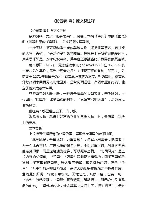 《沁园春·雪》原文及注释