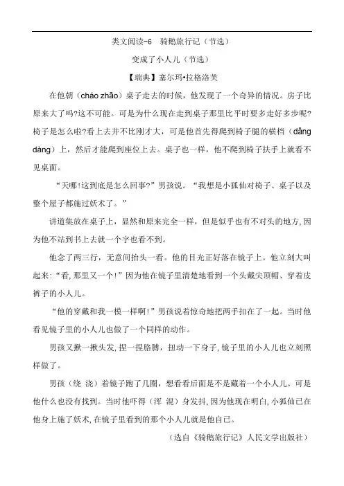 部编版六年级语文下册骑鹅旅行记(节选)课外阅读练习题及答案