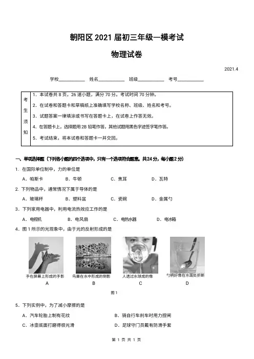 2021北京朝阳初三一模物理含答案