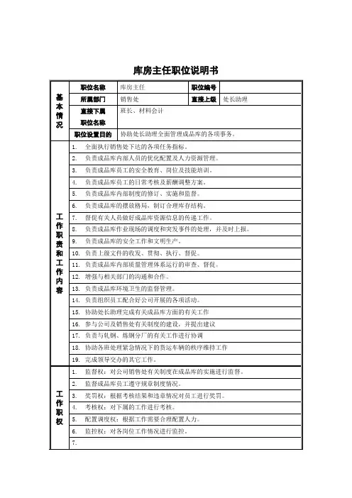 库房主任岗位说明书