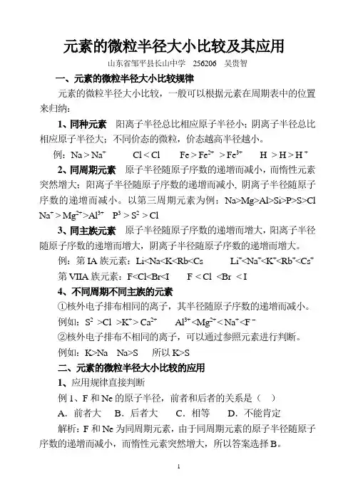 元素的微粒半径大小比较及其应用