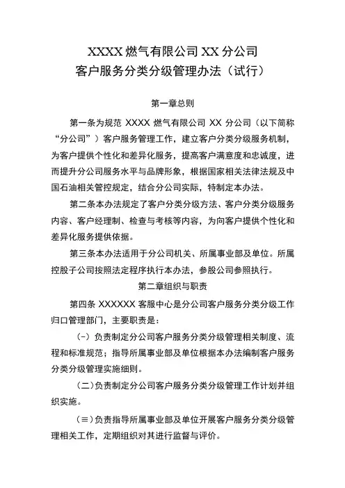 燃气有限公司客户服务分类分级管理办法(试行)