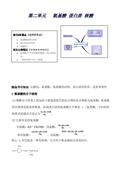 高中化学苏教版选修5《有机化学基础》教材知识详解：专题5第二单元氨基酸蛋白质核酸