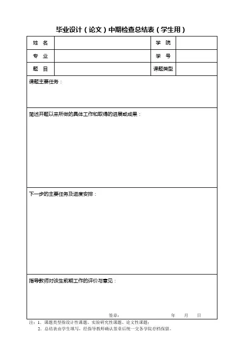 毕业设计(论文)中期检查总结表(学生用)