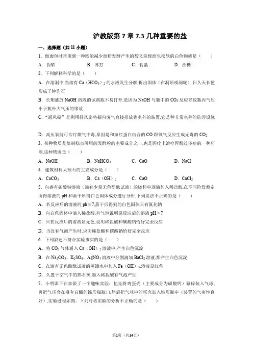 沪教版九年级化学下册第7章第3节几种重要的盐测试题(word版 含解析) (2)
