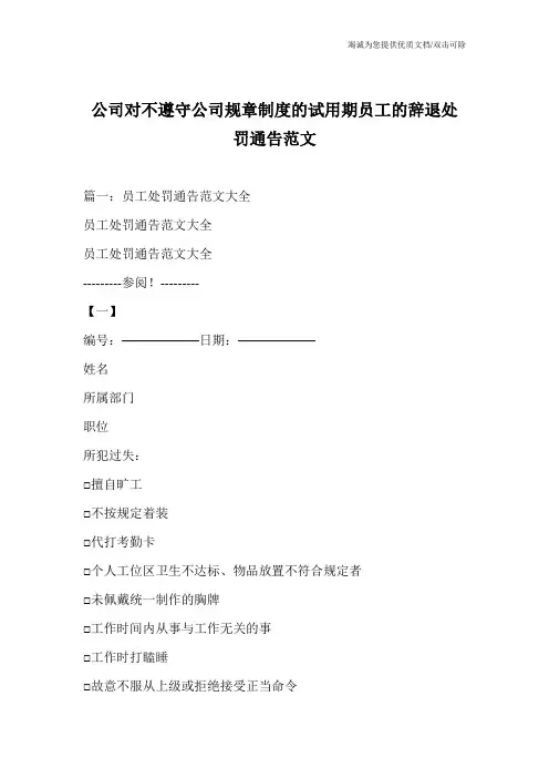 公司对不遵守公司规章制度的试用期员工的辞退处罚通告范文