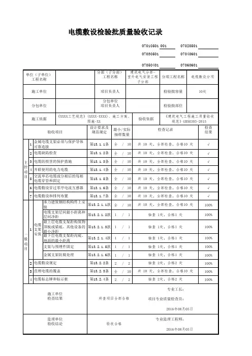 电缆敷设检验批质量验收记录