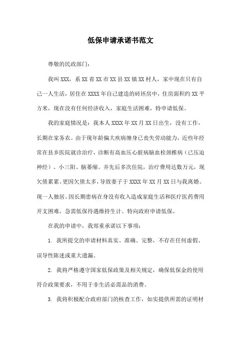 低保申请承诺书范文