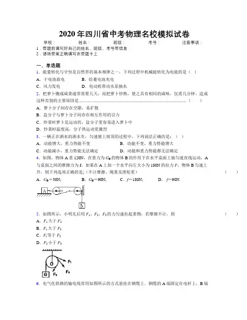 2020年四川省中考物理名校模拟试卷附解析
