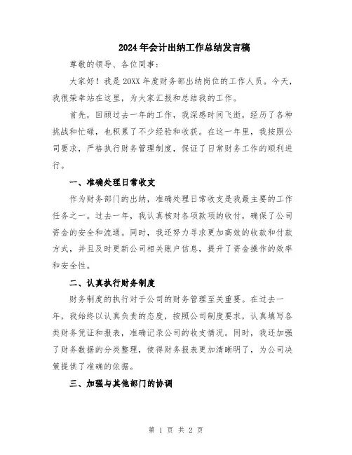 2024年会计出纳工作总结发言稿