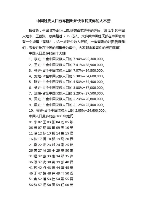 中国姓氏人口分布图出炉快来找找你的大本营