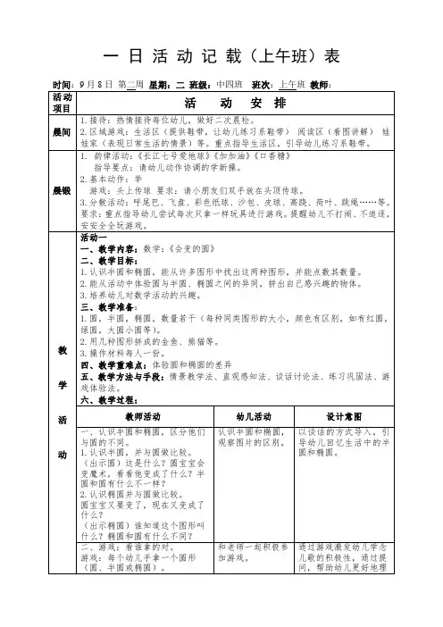 幼儿园中班下学期第二周上午备课