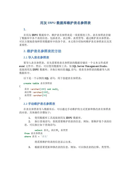 用友ERPU数据库维护表名参照表
