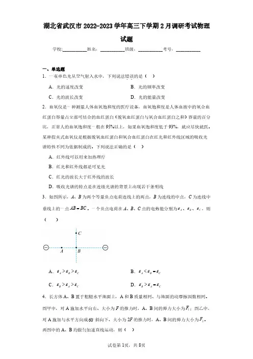 湖北省武汉市2022-2023学年高三下学期2月调研考试物理试题(含答案解析)