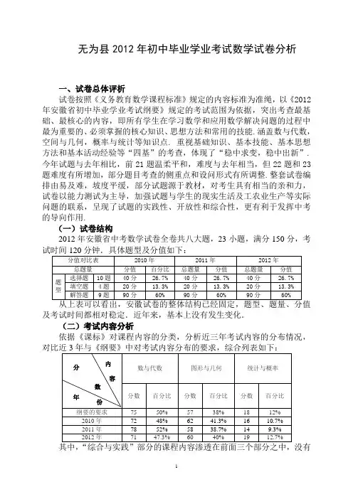 无为县2012年初中毕业学业考试数学试卷分析