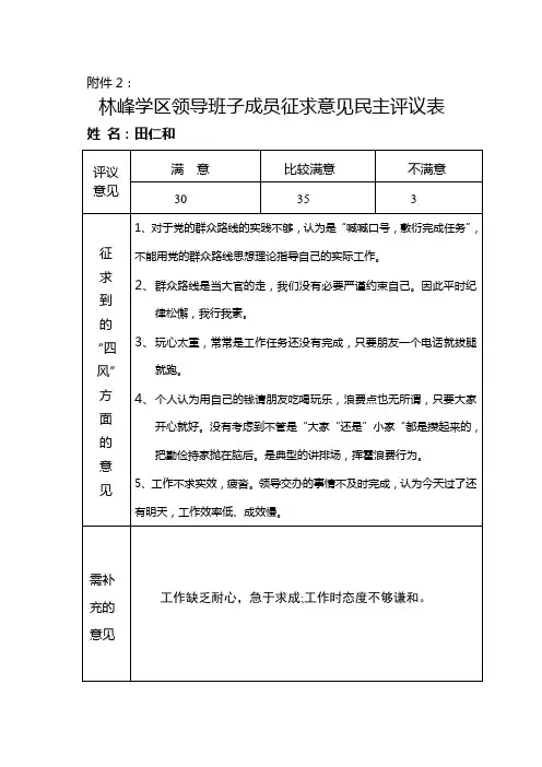 林峰领导班子成员征求意见民主评议表