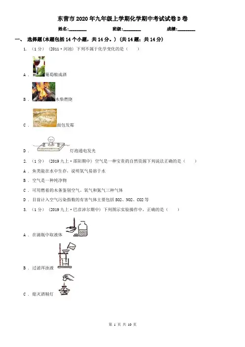 东营市2020年九年级上学期化学期中考试试卷D卷