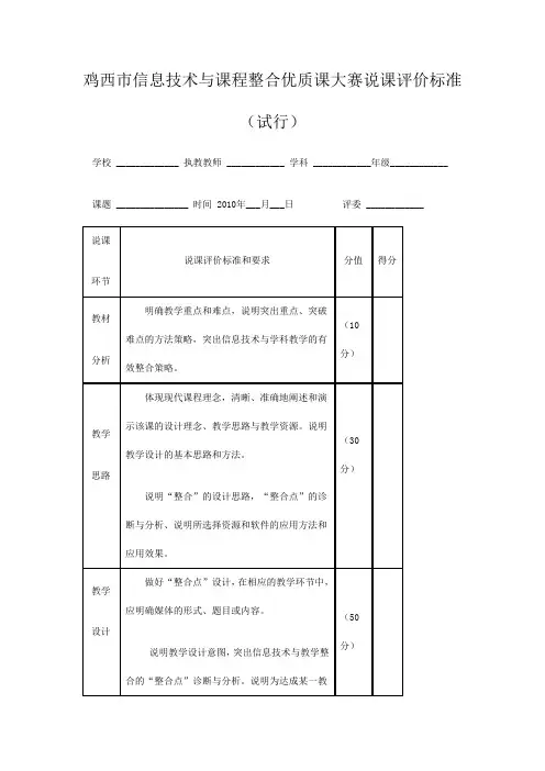 信息技术与课程整合优质课大赛说课评价标准