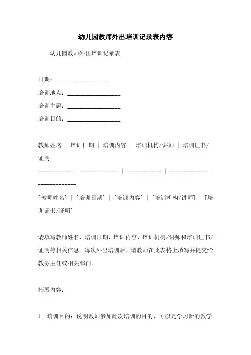 幼儿园教师外出培训记录表内容