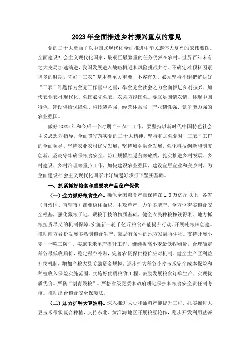2023年全面推进乡村振兴重点的意见