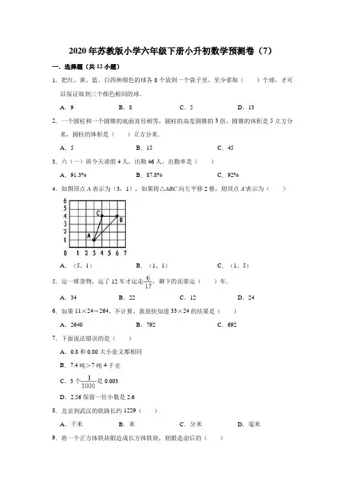 六年级下册数学试题-2020年小学小升初数学预测卷(7)(含解析)苏教版