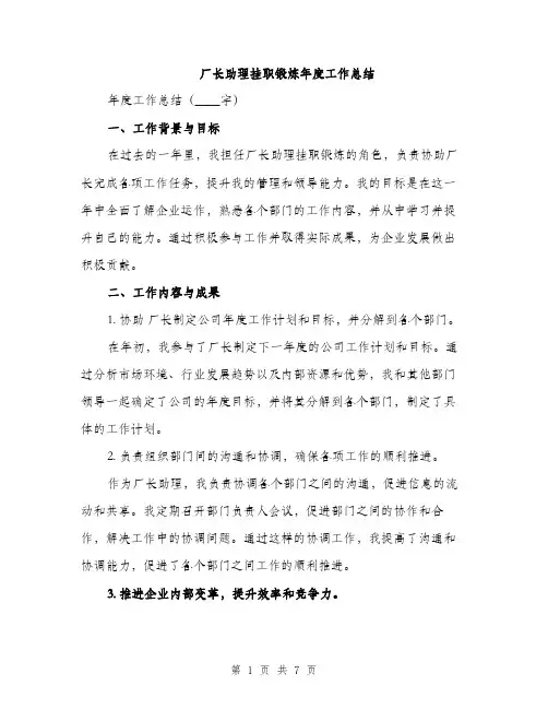 厂长助理挂职锻炼年度工作总结（二篇）