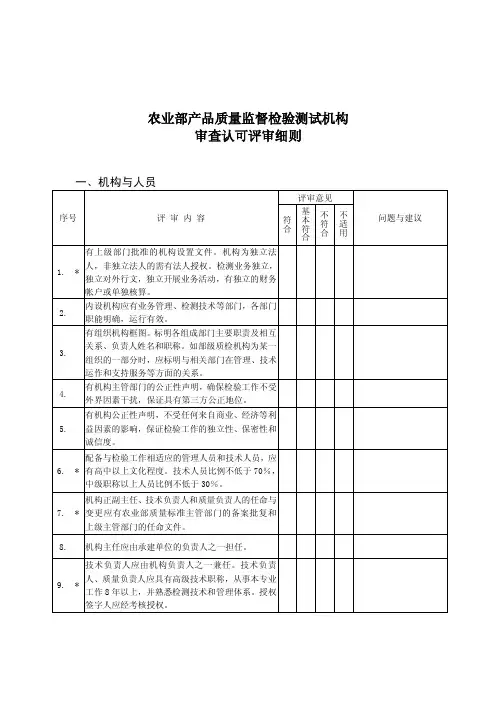 农业部产品质量监督检验测试机构 审查认可评审细则