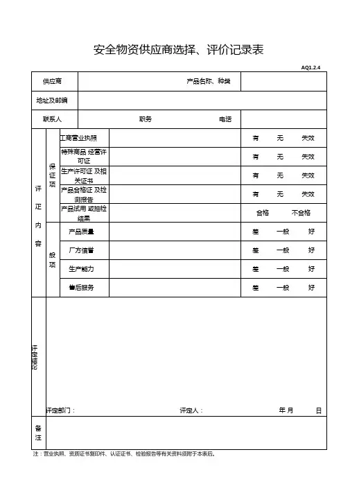 安全物资供应商选择、评价记录表